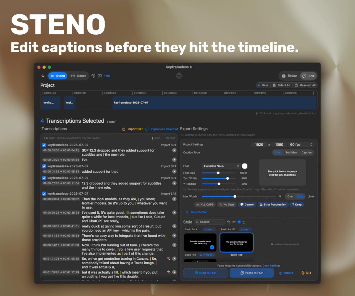 Steno editing caption text before sending it to Final Cut Pro